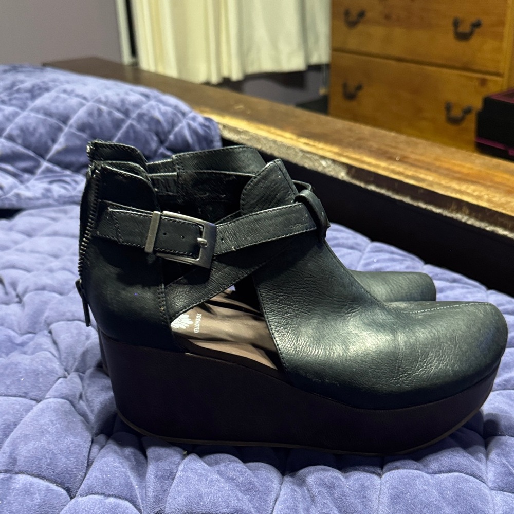 Yellow Box Black Leather Wedge Booties